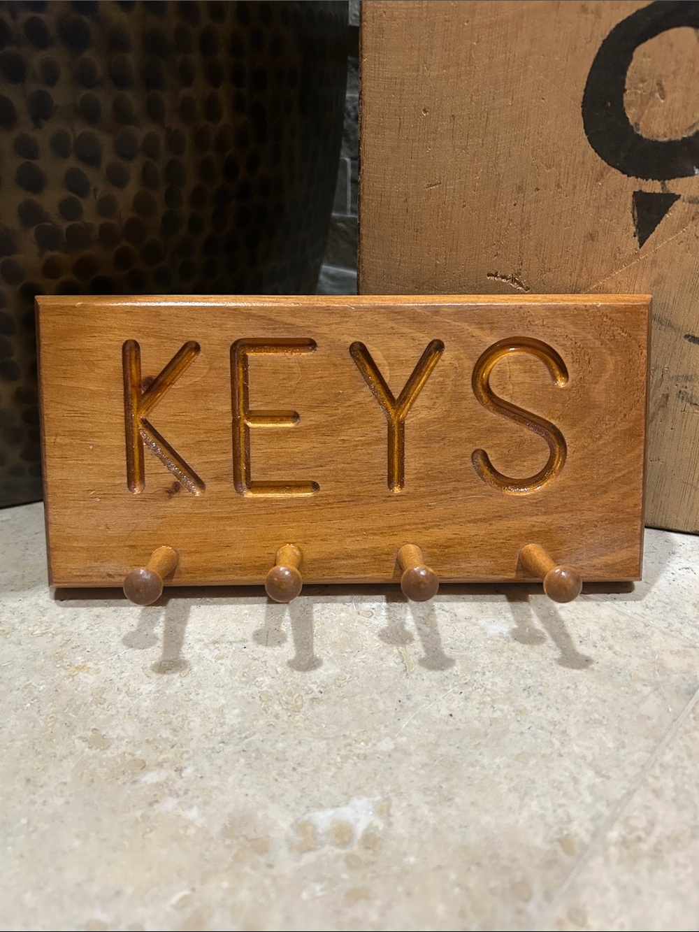 Vintage Rustic Wooden Wall-mounted  “KEYS” Hanger featuring carved lettering